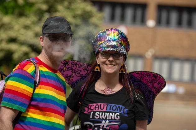 June 20, 2026, Essex, United Kingdom: A man wearing a rainbow-striped t-shirt and a woman with sequined cap and butterfly wings pose together during the Essex Pride. Essex Pride is a celebration of lesbian, gay, bisexual and transgender life in Essex and beyond, led by Cheryl Hole, also known as Cheryl the Queen. Essex United Kingdom - ZUMAs197 20260620_aaa_s197_098 Copyright: xIanxDavidsonx