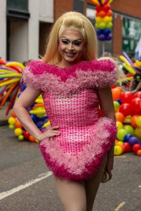 June 20, 2026, Essex, United Kingdom: Cheryl Hole, also known as Cheryl the Queen, poses in a pink ruffled dress in front of colourful balloon decorations during the Essex Pride. Essex Pride is a celebration of lesbian, gay, bisexual and transgender life in Essex and beyond, led by Cheryl Hole, also known as Cheryl the Queen. Essex United Kingdom - ZUMAs197 20260620_aaa_s197_103 Copyright: xIanxDavidsonx