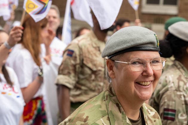 June 20, 2026, Essex, United Kingdom: A woman in military uniform and beret smiles during the Essex Pride. Essex Pride is a celebration of lesbian, gay, bisexual and transgender life in Essex and beyond, led by Cheryl Hole, also known as Cheryl the Queen. Essex United Kingdom - ZUMAs197 20260620_aaa_s197_110 Copyright: xIanxDavidsonx