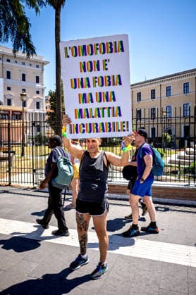 Rome Pride Parade 2026 ROME, ITALY - JUNE 20: A demonstrator holds a sign that reads: Homophobia is not a phobia but an incurable illness, during the 32st edition of the Pride Parade in support of LGBTQ rights on June 20 2026 in Rome, Italy. Rome Italy Copyright: xStefanoxMontesix