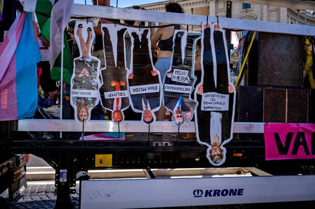Rome Pride Parade 2026 ROME, ITALY - JUNE 20: Donald Trump, Elon Musk, Benjamin Netanyahu, J.K. Rowling and Giulia Bongiorno depicted on upside-down cardboard cut-outs hanging from the Gender X float, during the 32st edition of the Pride Parade in support of LGBTQ rights on June 20 2026 in Rome, Italy. Rome Italy Copyright: xStefanoxMontesix