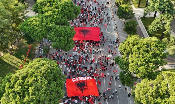 Protests in Albania against Zvernec tourism project enter 21st day TIRANA, ALBANIA - JUNE 20: An aerial view shows protests continuing for the 21st consecutive day in the Albanian capital, Tirana, against a planned tourism project in the Zvernec region of Vlora, on June 20, 2026. A large crowd gathered for today s demonstration under the slogan Albania is not for sale, which also saw a heavy turnout from the Albanian diaspora arriving from various countries. Olsi Shehu Anadolu Tirana Albania. Editorial use only. Please get in touch for any other usage.  Copyright: x2026xAnadoluxOlsixShehux