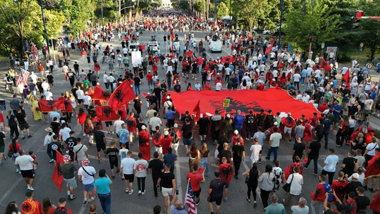 Protests in Albania against Zvernec tourism project enter 21st day TIRANA, ALBANIA - JUNE 20: An aerial view shows protests continuing for the 21st consecutive day in the Albanian capital, Tirana, against a planned tourism project in the Zvernec region of Vlora, on June 20, 2026. A large crowd gathered for today s demonstration under the slogan Albania is not for sale, which also saw a heavy turnout from the Albanian diaspora arriving from various countries. Olsi Shehu Anadolu Tirana Albania. Editorial use only. Please get in touch for any other usage.  Copyright: x2026xAnadoluxOlsixShehux