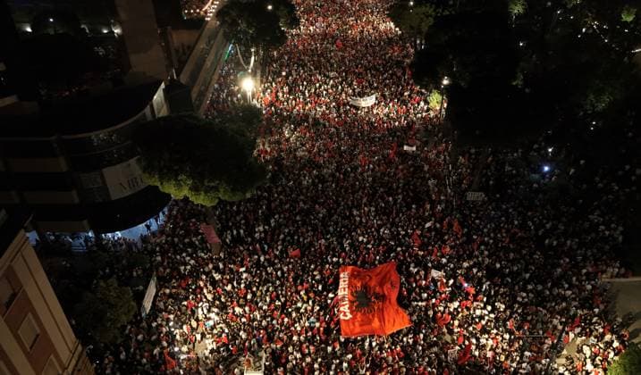 Protests against Zvernec tourism project continue in Tirana TIRANA, ALBANIA - JUNE 20: Demonstrators gather in Tirana to protest a planned tourism project in the Zvernec area of the coastal city of Vlora, as protests enter their 21st consecutive day in Albania on June 20, 2026. A large number of people took part in the rally held in the Albanian capital under the slogan Albania is not for sale, expressing opposition to the proposed development project in Zvernec. Olsi Shehu Anadolu Tirana Albania. Editorial use only. Please get in touch for any other usage.  Copyright: x2026xAnadoluxOlsixShehux