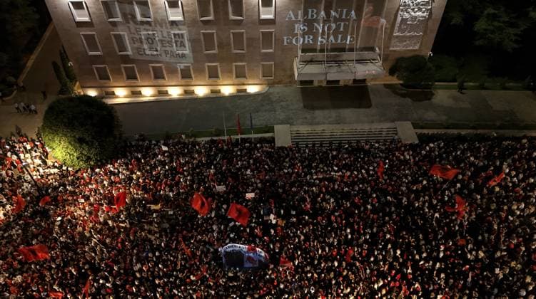 Protests against Zvernec tourism project continue in Tirana TIRANA, ALBANIA - JUNE 20: Demonstrators gather in Tirana to protest a planned tourism project in the Zvernec area of the coastal city of Vlora, as protests enter their 21st consecutive day in Albania on June 20, 2026. A large number of people took part in the rally held in the Albanian capital under the slogan Albania is not for sale, expressing opposition to the proposed development project in Zvernec. Olsi Shehu Anadolu Tirana Albania. Editorial use only. Please get in touch for any other usage.  Copyright: x2026xAnadoluxOlsixShehux
