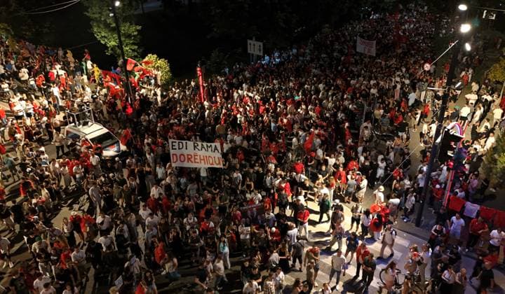 Protests against Zvernec tourism project continue in Tirana TIRANA, ALBANIA - JUNE 20: Demonstrators gather in Tirana to protest a planned tourism project in the Zvernec area of the coastal city of Vlora, as protests enter their 21st consecutive day in Albania on June 20, 2026. A large number of people took part in the rally held in the Albanian capital under the slogan Albania is not for sale, expressing opposition to the proposed development project in Zvernec. Olsi Shehu Anadolu Tirana Albania. Editorial use only. Please get in touch for any other usage.  Copyright: x2026xAnadoluxOlsixShehux