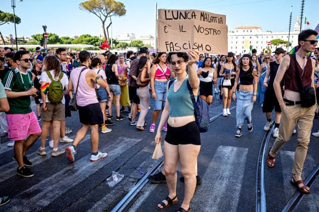Rome Pride Parade 2026 ROME, ITALY - JUNE 20: A demonstrator holds a sign that reads: The only disease is your fascism, during the 32st edition of the Pride Parade in support of LGBTQ rights on June 20 2026 in Rome, Italy. Rome Italy Copyright: xStefanoxMontesix