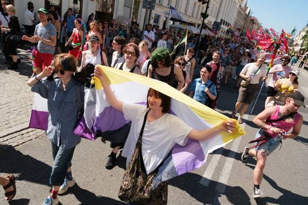 June 20, 2026, Warsaw, Masovian Voivodeship, Poland: A person holds a non-binary pride flag above their head to shield from the sun as hundreds march in Warsaw s first ever radical Pride parade. Called Equality Parade - Queer Liberation March in Polish, the grassroots march was organized by a collective of radical LGBTQ+ activists as an anti-capitalist alternative to Warsaw s traditional Pride parade, which has recently become dominated by corporate sponsors. Warsaw Poland - ZUMAk204 20260620_zip_k204_011 Copyright: xRomanxKozielx