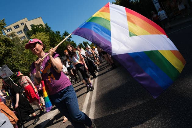 June 20, 2026, Warsaw, Masovian Voivodeship, Poland: A person carries a queer vegan rainbow flag during Warsaw s first ever radical Pride parade. Called Equality Parade - Queer Liberation March in Polish, the grassroots march was organized by a collective of radical LGBTQ+ activists as an anti-capitalist alternative to Warsaw s traditional Pride parade, which has recently become dominated by corporate sponsors. Warsaw Poland - ZUMAk204 20260620_zip_k204_026 Copyright: xRomanxKozielx