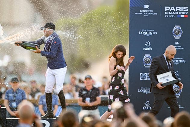 Olivier Perreau, 3rd place at GL Events Dorai dAiguilly; Charlotte Casiraghi and Patrick Aoun, CEO of Longines, during the awards ceremony for the CSI5 in Paris, France,detected_source_language  Copyright: xPerusseau-Veerenx xBestimagexPerusseau-Veerenx xBestimagex