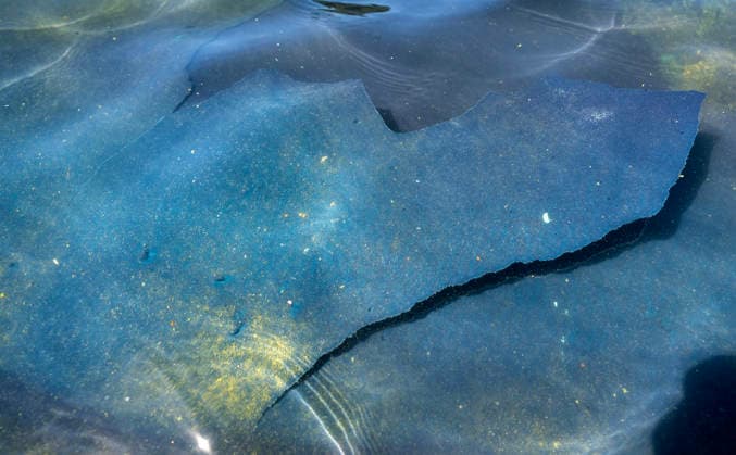 A three-foot section of blue paint peels from the bottom of the newly renovated Lincoln Memorial Reflecting Pool on the National Mall in Washington, DC on Saturday, June 20,2026. The Trump Administration awarded no-bid contracts totaling nearly $15 million to renovated Reflecting Pool but it is now filled with algae and the paint is peeling. Dozens of National Guard and other police stop people from taking the blue paint chips floating in the water, with some arrests.  WAP20260620193 PATxBENIC