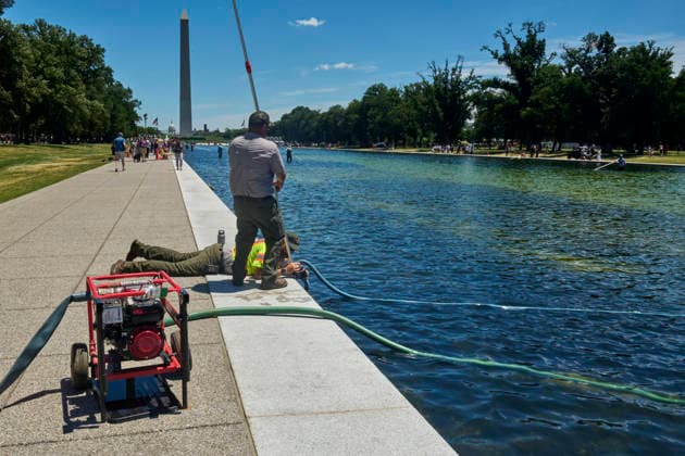 June 20, 2026, Washington Dc, Washington Dc, USA: National Park Service workers attempt to clean rapid algae growth from the Reflecting Pool on the National Mall in Washington D.C. ahead of the Freedom 250 and July 4th celebrations. June 20, 2026 Washington Dc USA - ZUMAg216 20260620_znp_g216_006 Copyright: xDominicxGwinnx