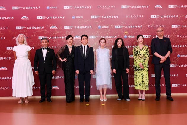 SHANGHAI, CHINA - JUNE 20: Jury members actor Tony Leung Chiu-wai and his wife Carina Lau Kar-ling, producer Dora Bouchoucha Fourati, director Guan Hu, director Aktan Abdykalykov, director-screenwriter Dea Kulumbegashvili, screenwriter Fernanda Valadez and actress Xin Zhilei arrive at the red carpet of the closing ceremony for the 28th Shanghai International Film Festival on June 20, 2026 in Shanghai, China.  Copyright: xVCGx 111649394734