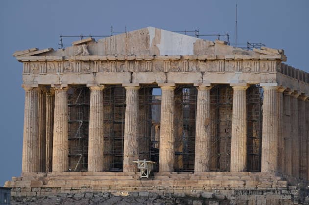 Scaffolding Comes Down From Western Face of the Parthenon The restored western pediment of the ancient Parthenon temple is seen unobstructed on the Acropolis after decades of restoration scaffolding was dismantled. Athens Greece Copyright: xNicolasxKoutsokostasxNicolasxKoutsokostasx DSC_202606200657