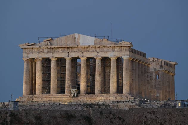 Scaffolding Comes Down From Western Face of the Parthenon The restored western pediment of the ancient Parthenon temple is seen unobstructed on the Acropolis after decades of restoration scaffolding was dismantled. Athens Greece Copyright: xNicolasxKoutsokostasxNicolasxKoutsokostasx DSC_202606200719