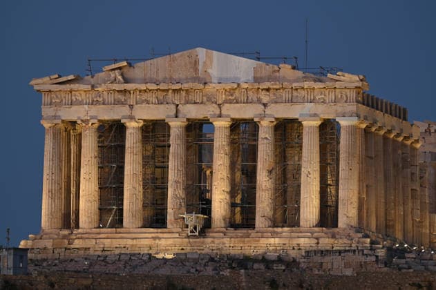 Scaffolding Comes Down From Western Face of the Parthenon The restored western pediment of the ancient Parthenon temple is seen unobstructed on the Acropolis after decades of restoration scaffolding was dismantled. Athens Greece Copyright: xNicolasxKoutsokostasxNicolasxKoutsokostasx DSC_202606200912