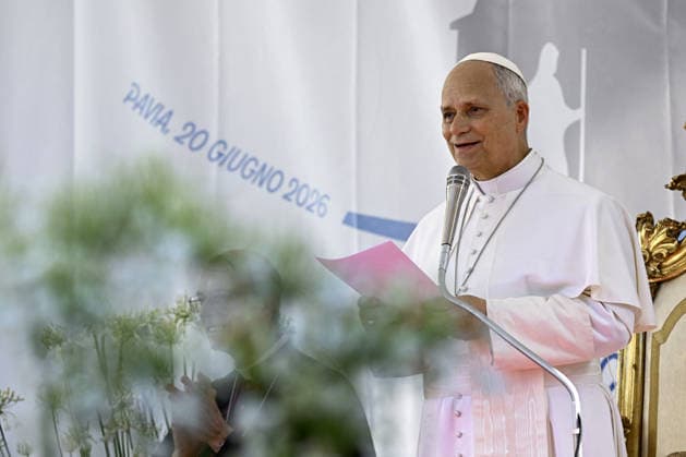 Pope Leo XIV Visits Cathedral In Pavia - Italy Pope Leo XIV meets with civic and religious authorities and the faithful gathered in the central Vittoria Square during his one day pastoral visit to Pavia, northern Italy, on June 20, 2026 in Pavia, Italy. Photo by (EV) Elisabetta Trevisan Vatican Media ABACAPRESS.COM Pavia Italy  Copyright: xABACAx