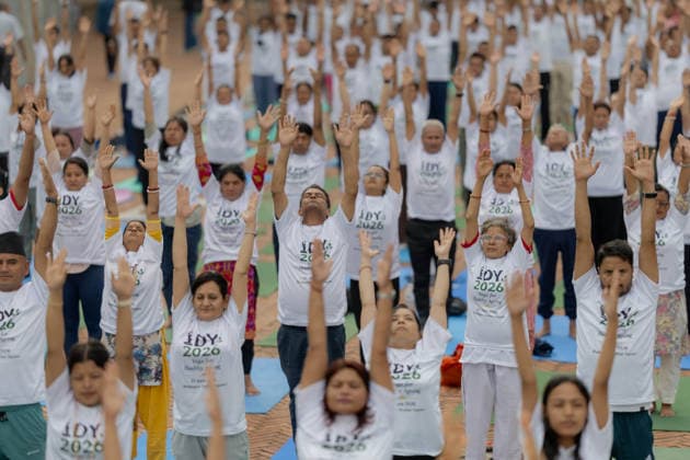 (260621) -- BHAKTAPUR, June 21, 2026 -- People take part in a yoga session to celebrate the International Day of Yoga in Bhaktapur, Nepal, on June 21, 2026. (Photo by Xinhua) NEPAL-BHAKTAPUR-INT L YOGA DAY SulavxShrestha 