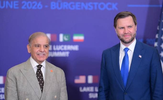 Pakistani PM Sharif meets US Vice President Vance on sidelines in Switzerland BURGENSTOCK, SWITZERLAND - JUNE 21: (----EDITORIAL USE ONLY - MANDATORY CREDIT - GOVERNMENT OF PAKISTAN HANDOUT - NO MARKETING NO ADVERTISING CAMPAIGNS - DISTRIBUTED AS A SERVICE TO CLIENTS----) Pakistan Prime Minister Muhammad Shehbaz Sharif (2nd L) and Pakistan s Chief of Army Staff Field Marshal Syed Asim Munir (L) meet with US Vice President JD Vance (2nd R) and US Special Envoy Steve Witkoff (R) on the sidelines of high-level talks in Burgenstock, Switzerland, on June 21, 2026. The talks focused on the implementation of the Islamabad Memorandum of Understanding. Government of Pakistan Handout Anadolu Switzerland Burgenstock. Editorial use only. Please  Copyright: x2026xAnadoluxGovernmentxofxPakistan Handoutx