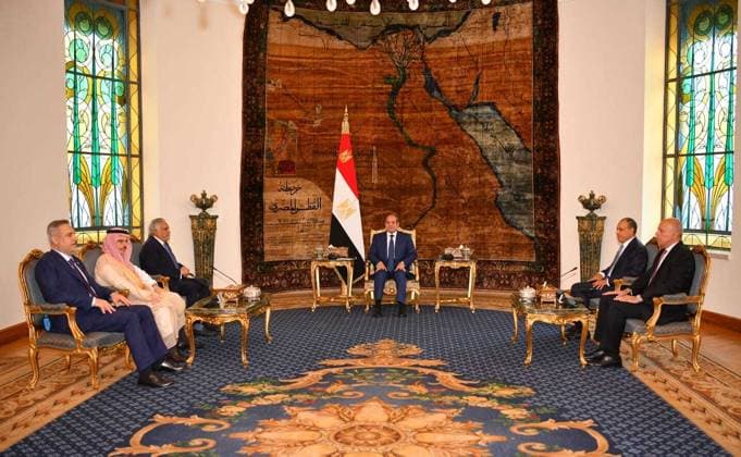 Turkiye-Egypt-Pakistan-Saudi Arabia Foreign Ministers Meeting in Cairo CAIRO, EGYPT - JUNE 21: (----EDITORIAL USE ONLY - MANDATORY CREDIT - ‘EGYPTIAN PRESIDENCY HANDOUT - NO MARKETING NO ADVERTISING CAMPAIGNS - DISTRIBUTED AS A SERVICE TO CLIENTS----) Egyptian President Abdel Fattah el-Sisi (3rd R) receives the foreign ministers participating in the 4th Turkiye-Egypt-Pakistan-Saudi Arabia Foreign Ministers Meeting at the Ittihadia Palace in Cairo, Egypt on June 21, 2026. The high-level diplomatic delegation accepted by President el-Sisi includes (from L to R) Turkish Foreign Minister Hakan Fidan, Saudi Arabian Foreign Minister Faisal bin Farhan, Pakistani Foreign Minister Muhammad Ishaq Dar, and Egyptian Foreign Minister Badr Abdelatty (  Copyright: x2026xAnadoluxEgyptianxPresidencyx xHandoutx