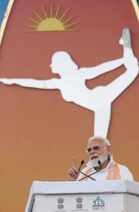 PM Modi takes part in 12th International Day of Yoga celebrations Kolkata, Jun 21 (ANI): Prime Minister Narendra Modi addresses during the 12th International Day of Yoga celebrations, in Kolkata on Sunday. (DPR PMO ANI Photo) Kolkata West Bengal India Copyright: xANIx ANI_20260621019