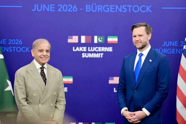 June 21, 2026, Peshawar, Peshawar, Pakistan: Prime Minister Shehbaz Sharif Meets U.S. Vice President J.D. Vance in Switzerland..Bürgenstock, Switzerland Muhammad Shehbaz Sharif meets J.D. Vance on the sidelines of high-level talks in Bürgenstock. The meeting focused on discussions regarding the implementation of the Islamabad Memorandum of Understanding and bilateral cooperation between Pakistan and the United States. Peshawar Pakistan  - ZUMAa217 20260621_znp_a217_001 Copyright: xHussainxAlix