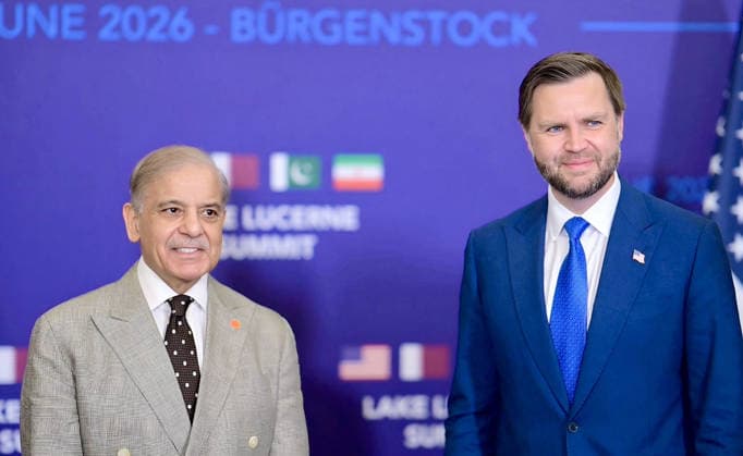 June 21, 2026, Peshawar, Peshawar, Pakistan: Prime Minister Shehbaz Sharif Meets U.S. Vice President J.D. Vance in Switzerland..Bürgenstock, Switzerland Muhammad Shehbaz Sharif meets J.D. Vance on the sidelines of high-level talks in Bürgenstock. The meeting focused on discussions regarding the implementation of the Islamabad Memorandum of Understanding and bilateral cooperation between Pakistan and the United States. Peshawar Pakistan  - ZUMAa217 20260621_znp_a217_002 Copyright: xHussainxAlix