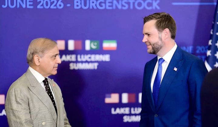 June 21, 2026, Peshawar, Peshawar, Pakistan: Prime Minister Shehbaz Sharif Meets U.S. Vice President J.D. Vance in Switzerland..Bürgenstock, Switzerland Muhammad Shehbaz Sharif meets J.D. Vance on the sidelines of high-level talks in Bürgenstock. The meeting focused on discussions regarding the implementation of the Islamabad Memorandum of Understanding and bilateral cooperation between Pakistan and the United States. Peshawar Pakistan - ZUMAa217 20260621_znp_a217_004 Copyright: xHussainxAlix