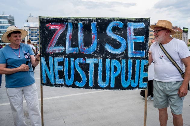 March and demonstration staged by group Million Moments for Democracy in front of the Czech Television in Prague, calling for dismissal of Culture Minister Oto Klempir (Motorists) and in support of public media, on June 21, 2026, Prague, Czech Republic. (CTKxPhoto OndrejxDeml) CTKPhotoP2026062104001  CTKPhotoP2026062104001