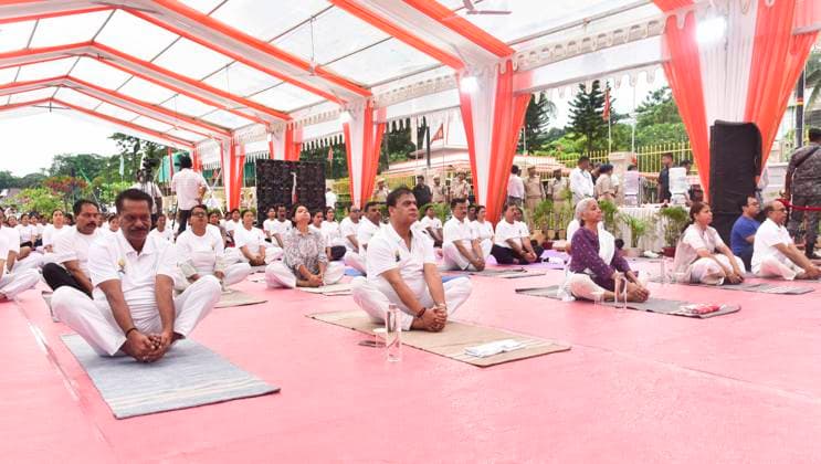 June 21, 2026, Guwahati, Assam, India: Union Finance Minister Nirmala Sitharaman, Assam Chief Minister Himanta Bishwa Sarma, and others participate in a mass yoga session organized on the occasion of International Day of Yoga in Guwahati, India, on June 21, 2026. The International Day of Yoga is a global observance celebrated annually on June 21 to promote the benefits of yoga for physical, mental, and spiritual well-being. Guwahati India  - ZUMAa254 20260621_zip_a254_054 Copyright: xHafizxAhmedx