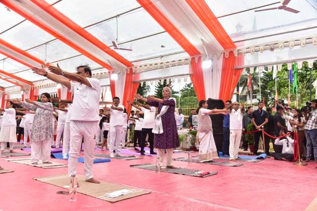 June 21, 2026, Guwahati, Assam, India: Union Finance Minister Nirmala Sitharaman, Assam Chief Minister Himanta Bishwa Sarma, and others participate in a mass yoga session organized on the occasion of International Day of Yoga in Guwahati, India, on June 21, 2026. The International Day of Yoga is a global observance celebrated annually on June 21 to promote the benefits of yoga for physical, mental, and spiritual well-being. Guwahati India - ZUMAa254 20260621_zip_a254_048 Copyright: xHafizxAhmedx