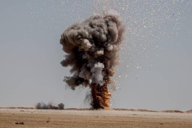 Syrian bomb disposal teams detonate YPG landmines near Ayn Issa RAQQA, SYRIA - JUNE 21: Smoke and flames rise from the area of the controlled explosion operated by bomb disposal teams affiliated with the Syrian Ministry of Defense, detonating landmines left behind by the YPG around the Ayn Issa district north of Raqqa, Syria on June 21, 2026. Abdulrhman El Ali Anadolu Raqqa Syria. Editorial use only. Please get in touch for any other usage.  Copyright: x2026xAnadoluxAbdulrhmanxElxAlix