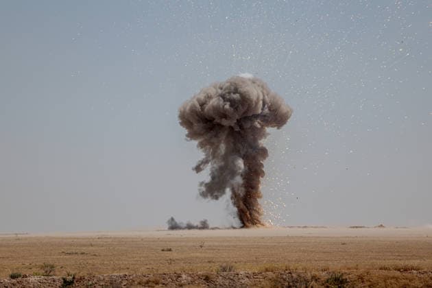 Syrian bomb disposal teams detonate YPG landmines near Ayn Issa RAQQA, SYRIA - JUNE 21: Smoke and flames rise from the area of the controlled explosion operated by bomb disposal teams affiliated with the Syrian Ministry of Defense, detonating landmines left behind by the YPG around the Ayn Issa district north of Raqqa, Syria on June 21, 2026. Abdulrhman El Ali Anadolu Raqqa Syria. Editorial use only. Please get in touch for any other usage.  Copyright: x2026xAnadoluxAbdulrhmanxElxAlix