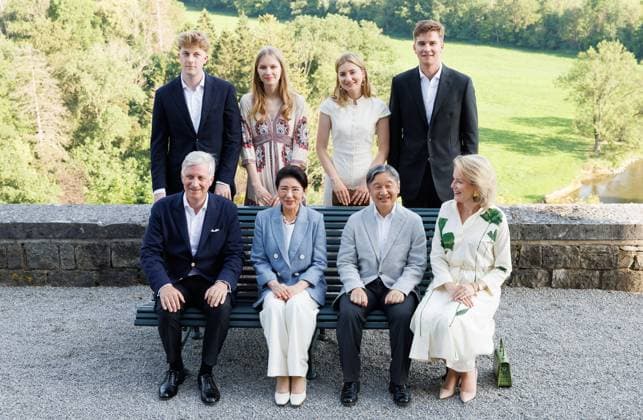 State Visit Of The Emperor And The Empress Of Japan to Belgium (First Row) King Philippe - Filip of Belgium, Japanese Empress Masako, Japanese Emperor Naruhito, Queen Mathilde of Belgium, (Second Row) Prince Emmanuel, Princess Eleonore, Crown Princess Elisabeth and Prince Gabriel pose for photographers during the family picture at the Royal Domain of Ciergnon during the official state visit of the Japanese Emperor and Empress to Belgium, on Sunday 21 June 2026, in Ciergnon. The Emperor and Empress of Japan visit Belgium from June 20-25. BELGA PHOTO POOL BENOIT DOPPAGNE Houyet Belgium  Copyright: xPoolxBenoitxDoppagnex