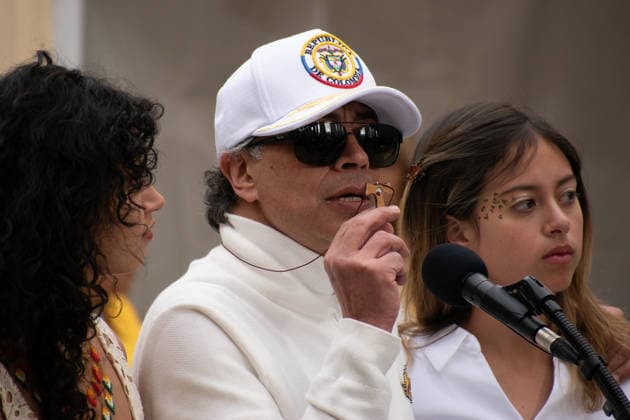 June 21, 2026, Bogota, Bogota D.C, Colombia: Colombian president Petro casts his vote showing support for the ruling party candidate Ivan Cepeda and speaks to the media during the runoff round of elections in Colombia, June 21, 2026, Colombia faces tebse election between a far right lawyer and a senator of the ruling party. Bogota Colombia  - ZUMAvp1_ 20260621_zia_vp1_001 Copyright: xLuisaxBorjaxLunax