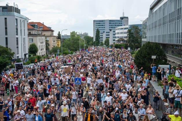 March and demonstration staged by group Million Moments for Democracy in front of the Czech Television in Prague, calling for dismissal of Culture Minister Oto Klempir (Motorists) and in support of public media, on June 21, 2026, Prague, Czech Republic. (CTKxPhoto OndrejxDeml) CTKPhotoF202606220006301  CTKPhotoF202606220006301
