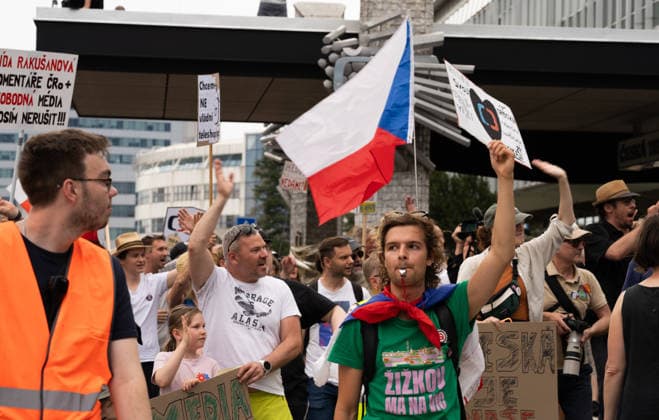 March and demonstration staged by group Million Moments for Democracy in front of the Czech Television in Prague, calling for dismissal of Culture Minister Oto Klempir (Motorists) and in support of public media, on June 21, 2026, Prague, Czech Republic. (CTKxPhoto RichardxMundl) CTKPhotoF202606220004101  CTKPhotoF202606220004101