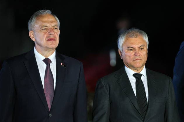 BELARUS, BREST - JUNE 22, 2026: Belarusion House of Representatives Speaker Igor Sergeyenko (L) and Russian State Duma Speaker Vyacheslav Volodin attend a memorial rally at the Courage Monumnet in the Brest Fortress marking the 85th anniversary of the Nazi German Invasion of the Soviet Union in World War II. Maxim Malinovsky TASS  94129498