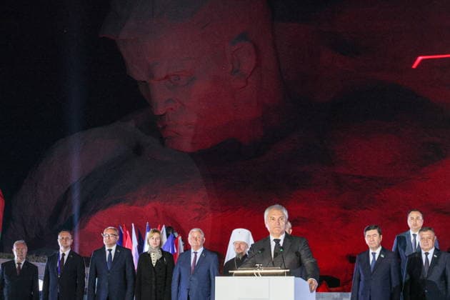 BELARUS, BREST - JUNE 22, 2026: Russian State Duma Speaker Vyacheslav Volodin (front) speaks at a memorial rally at the Courage Monument in the Brest Fortress marking the 85th anniversary of the Nazi German Invasion of the Soviet Union in World War II. Maxim Malinovsky TASS  94129496