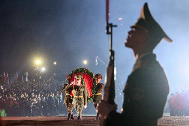 BELARUS, BREST - JUNE 22, 2026: A wreath laying ceremony during a memorial rally at the Courage Monument in the Brest Fortress marking the 85th anniversary of the Nazi German Invasion of the Soviet Union in World War II. Maxim Malinovsky TASS  94129526