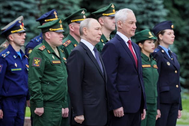 RUSSIA, MOSCOW - JUNE 22, 2026: Russia s President Vladimir Putin (L) and Russia s Defence Minister Andrei Belousov attend a ceremony to lay flowers at the Tomb of the Unknown Soldier in Alexander Garden on the Day of Remembrance and Sorrow to commemorate the 85th anniversary of Nazi Germany s invasion of the Soviet Union in WWII. Russian President Moscow Russia  - ZUMAt113 20260622_zaa_t113_179 Copyright: xMikhailxMetzelx