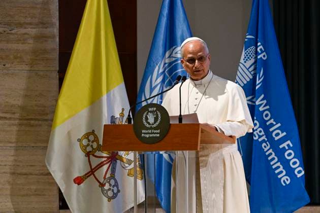 ITALY - POPE LEO XIV DURING A VISIT AT THE HEADQUARTERS OF WORLD FOOD PROGRAMME IN ROME - 2026 6 22 Italy, Rome, Vatican, 2026 6 22 Pope Leo XIV during a visit at the Headquarters of World Food Programme (WFP), in Rome EDITORIAL USE ONLY - NO BOOKS Copyright: xVATICANxMEDIAx