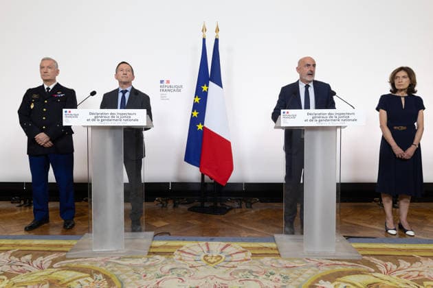 Press conference about the Lyhanna report at Matignon - Paris French magistrate and chief of the General Inspectorate of the National Gendarmerie committee (Inspection générale de la gendarmerie nationale - IGGN) Jean-Michel Gentil, French magistrate and chief of the General Inspectorate of Justice committee (Inspection generale de la Justice -IGJ) Stephane Noel and chief of the General Inspectorate of Education, Sport and Research committee (Inspection générale de l éducation, du sport et de la recherche - IGESR) Dominique Marchand deliver the results of an inspection report following the Lyhanna child killing case during a press conference at the Hotel Matignon in Paris on June 22, 2026. Photo by Raphael Lafargue ABACAPRESS.COM Paris Fr  Copyright: xLafarguexRaphael ABACAx