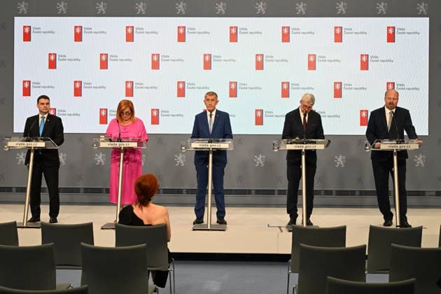 A press conference following the government meeting at which the composition of the Czech delegation to the July NATO summit in Ankara, in Prague, Czech Republic, on June 22, 2026. From left: Czech Foreign Affairs Minister Petr Macinka (Motorists), Finance Minister Alena Schillerova (ANO), Prime Minister Andrej Babis (ANO), Minister of Industry and Trade Karel Havlicek (ANO), and Minister of Justice Jeronym Tejc (for ANO). (CTKxPhoto KaterinaxSulova) CTKPhotoP2026062205442  CTKPhotoP2026062205442
