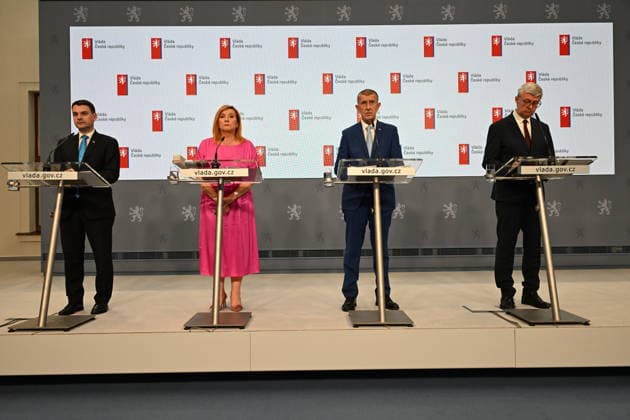 A press conference following the government meeting at which the composition of the Czech delegation to the July NATO summit in Ankara, in Prague, Czech Republic, on June 22, 2026. From left: Czech Foreign Affairs Minister Petr Macinka (Motorists), Finance Minister Alena Schillerova (ANO), Prime Minister Andrej Babis (ANO), and Minister of Industry and Trade Karel Havlicek (ANO). (CTKxPhoto KaterinaxSulova) CTKPhotoP2026062205596  CTKPhotoP2026062205596