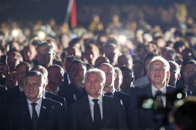 BELARUS, BREST - JUNE 22, 2026: Russian State Duma Speaker Vyacheslav Volodin (C) and Belarusian House of Representatives Speaker Igor Sergeyenko (R) attend a memorial rally at the Courage Monument in the Brest Fortress marking the 85th anniversary of the Nazi German Invasion of the Soviet Union in World War II Brest Belarus  - ZUMAt113 20260622_zaa_t113_209 Copyright: xMaximxMalinovskyx