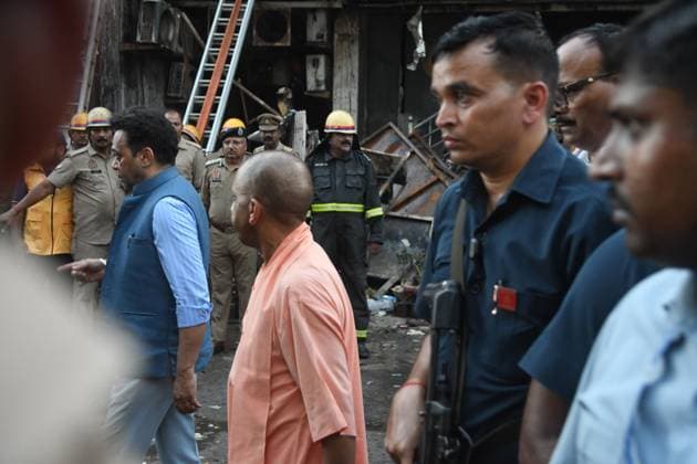 institute fire rescue operation LUCKNOW, UTTAR PRADESH, INDIA JUNE 22, 2026: Fire brigade personnel carry out rescue and emergency response operations at an educational institute in the Aliganj area of Lucknow following a major fire outbreak. Uttar Pradesh Chief Minister Yogi Adityanath visited the site to assess the situation and review ongoing rescue and relief efforts. lucknow India Copyright: x xAmitxshuklax xJNAxPressx