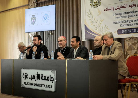 Latin Patriarch of Jerusalem Pizzaballa visits Al-Azhar University in Gaza GAZA, PALESTINE - JUNE 22: Pierbattista Pizzaballa, the Latin Patriarch of Jerusalem, attends a session titled Religions, Coexistence, and the Values of Peace, where he emphasized the importance of interfaith dialogue, tolerance, and a culture of peace during his visit in Al-Azhar University in Gaza with an accompanying delegation, in Gaza, Palestine on June 22, 2026. Abdalhkem Abu Riash Anadolu Gaza Gaza. Editorial use only. Please get in touch for any other usage.  Copyright: x2026xAnadoluxAbdalhkemxAbuxRiashx
