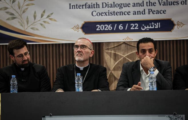 Latin Patriarch of Jerusalem Pizzaballa visits Al-Azhar University in Gaza GAZA, PALESTINE - JUNE 22: Pierbattista Pizzaballa, the Latin Patriarch of Jerusalem, attends a session titled Religions, Coexistence, and the Values of Peace, where he emphasized the importance of interfaith dialogue, tolerance, and a culture of peace during his visit in Al-Azhar University in Gaza with an accompanying delegation, in Gaza, Palestine on June 22, 2026. Abdalhkem Abu Riash Anadolu Gaza Gaza. Editorial use only. Please get in touch for any other usage.  Copyright: x2026xAnadoluxAbdalhkemxAbuxRiashx