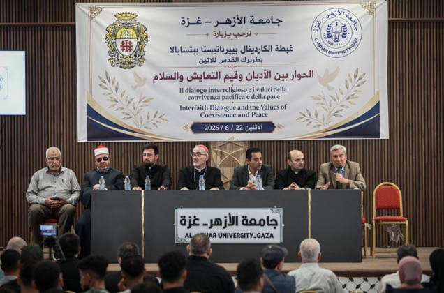 Latin Patriarch of Jerusalem Pizzaballa visits Al-Azhar University in Gaza GAZA, PALESTINE - JUNE 22: Pierbattista Pizzaballa, the Latin Patriarch of Jerusalem, attends a session titled Religions, Coexistence, and the Values of Peace, where he emphasized the importance of interfaith dialogue, tolerance, and a culture of peace during his visit in Al-Azhar University in Gaza with an accompanying delegation, in Gaza, Palestine on June 22, 2026. Abdalhkem Abu Riash Anadolu Gaza Gaza. Editorial use only. Please get in touch for any other usage.  Copyright: x2026xAnadoluxAbdalhkemxAbuxRiashx